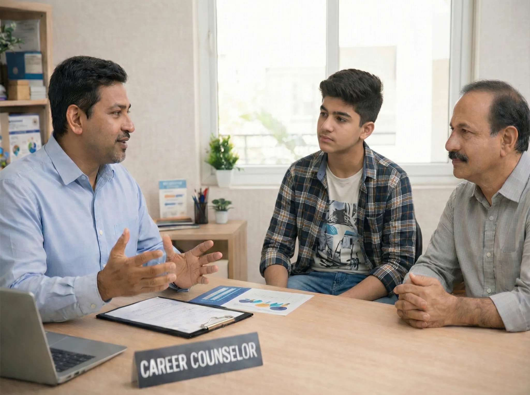 Career counsellor with a student and parent